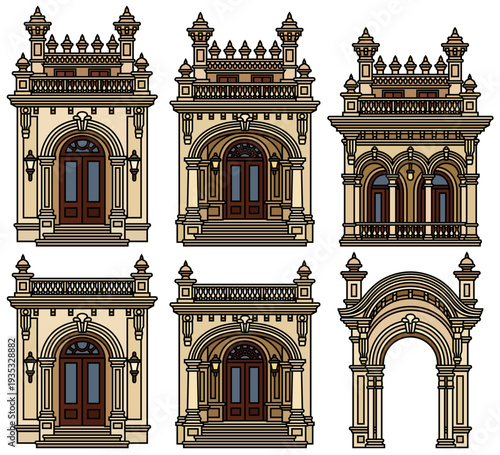 Vector set of colonial architecture buildings in flat line art style. Isolated ornate Mediterranean facades, windows, and balconies with outline details on white background.