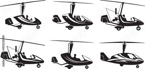 Collection of modern autogyro and small helicopter vector silhouettes isolated design