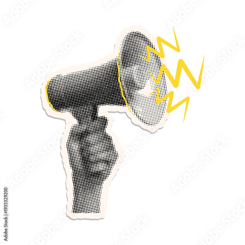 Hand holding megaphone with yellow sound waves isolated on Transparent Background
