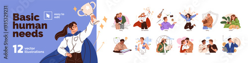 Basic human needs set. People with different life essentials: education, family, love, happiness, health, success, self realization and finances. Flat isolated vector illustration on white background