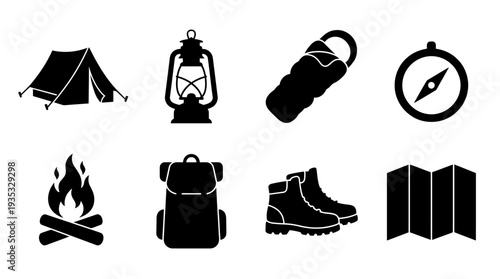 Camping Icon Set – Outdoor Adventure Illustrations Featuring Tent, Lantern, Sleeping Bag, Compass, Campfire, Backpack, Hiking Boots, and Map for Travel and Nature Designs