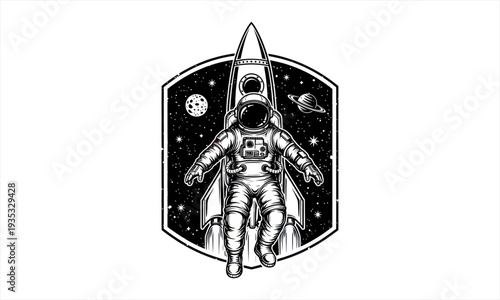 Astronaut in space with rocket and planets.