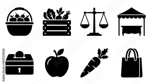 Farmers Market Icon Set – Grocery and Produce Illustrations Featuring Basket, Crate, Weighing Scale, Market Stall, Toolbox, Apple, Carrot, and Shopping Bag