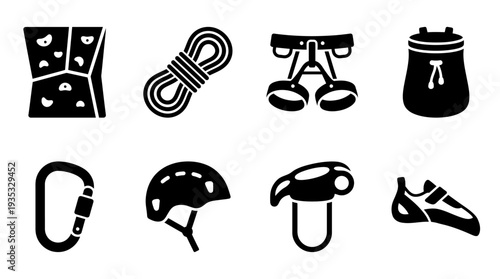 Rock Climbing Icon Set – Climbing Gear Illustrations Featuring Climbing Wall, Rope, Harness, Chalk Bag, Carabiner, Helmet, Belay Device, and Climbing Shoe