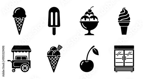 Ice Cream Icon Set – Dessert Illustrations Featuring Ice Cream Cone, Popsicle, Ice Cream Bowl, Soft Serve, Ice Cream Cart, Waffle Cone, Cherry, and Freezer Unit