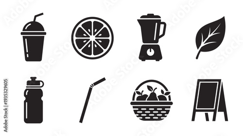 Juice Bar Icon Set – Healthy Drink and Fresh Ingredient Illustrations Featuring Smoothie Cup, Citrus Slice, Blender, Leaf, Bottle, Straw, Produce Basket, and Menu Board