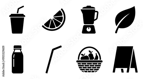Juice Bar Icon Set – Healthy Drink and Fresh Ingredient Illustrations Featuring Smoothie Cup, Citrus Slice, Blender, Leaf, Bottle, Straw, Produce Basket, and Menu Board