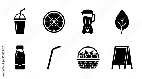 Juice Bar Icon Set – Healthy Drink and Fresh Ingredient Illustrations Featuring Smoothie Cup, Citrus Slice, Blender, Leaf, Bottle, Straw, Produce Basket, and Menu Board