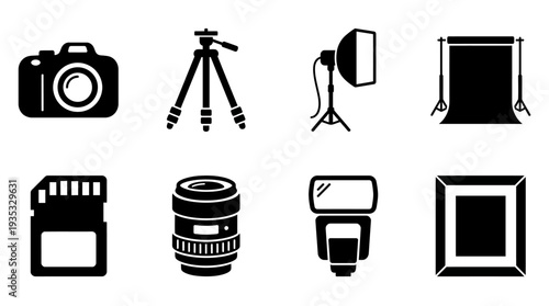 Photography Icon Set – Professional Camera Gear Illustrations Featuring Camera, Tripod, Studio Light, Backdrop, Memory Card, Lens, Flash, and Framed Photo for Creative Designs