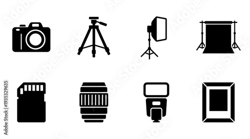 Photography Icon Set – Professional Camera Gear Illustrations Featuring Camera, Tripod, Studio Light, Backdrop, Memory Card, Lens, Flash, and Framed Photo for Creative Designs