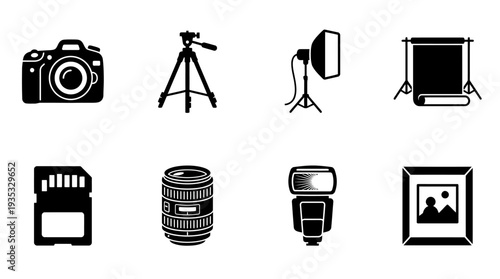 Photography Icon Set – Professional Camera Gear Illustrations Featuring Camera, Tripod, Studio Light, Backdrop, Memory Card, Lens, Flash, and Framed Photo for Creative Designs