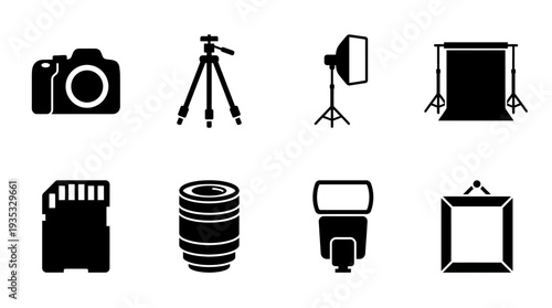 Photography Icon Set – Professional Camera Gear Illustrations Featuring Camera, Tripod, Studio Light, Backdrop, Memory Card, Lens, Flash, and Framed Photo for Creative Designs