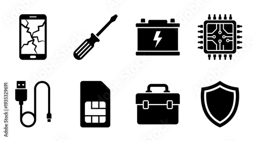 Electronics Repair Icon Set – Tech and Device Illustrations Featuring Cracked Smartphone, Screwdriver, Car Battery, Microchip, USB Cable, SIM Card, Toolbox, and Security Shield