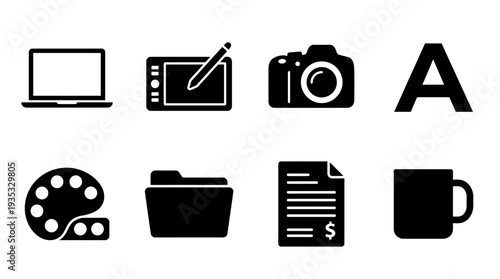 Creative Workspace Icon Set – Digital Design and Office Illustrations Featuring Laptop, Drawing Tablet, Camera, Typography, Palette, Folder, Invoice, and Coffee Mug