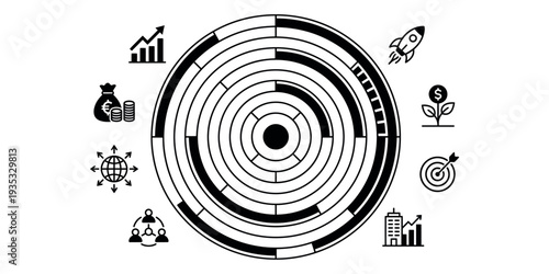 Abstract music background with floating notes blending into a red heart shaped dartboard with arrow hitting the bullseye symbolizing goal success