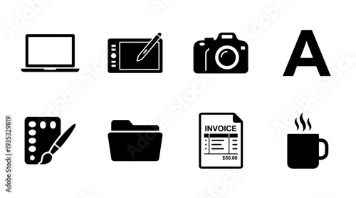 Creative Workspace Icon Set – Digital Design and Office Illustrations Featuring Laptop, Drawing Tablet, Camera, Typography, Palette, Folder, Invoice, and Coffee Mug