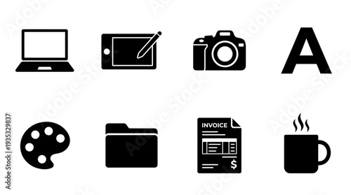 Creative Workspace Icon Set – Digital Design and Office Illustrations Featuring Laptop, Drawing Tablet, Camera, Typography, Palette, Folder, Invoice, and Coffee Mug