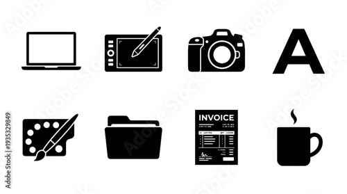 Creative Workspace Icon Set – Digital Design and Office Illustrations Featuring Laptop, Drawing Tablet, Camera, Typography, Palette, Folder, Invoice, and Coffee Mug