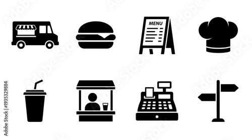Food Service Icon Set – Street Food and Dining Illustrations Featuring Food Truck, Burger, Menu Board, Chef Hat, Drink Cup, Food Stall, Cash Register, and Signpost
