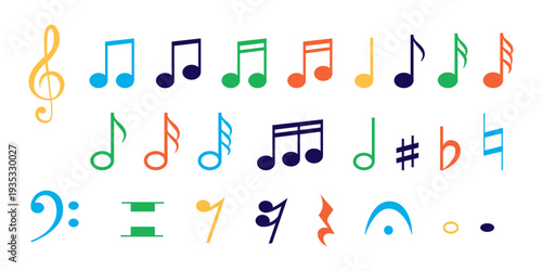 Colorful music notes and musical symbols set, flat vector illustration.
