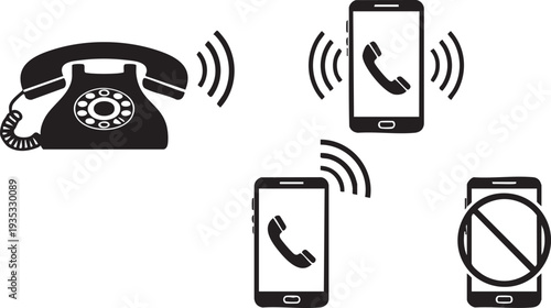 Four phone with signal waves on white background phone signal waves black and white communication