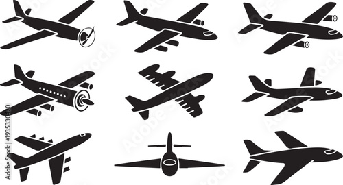 Collection of various airplane silhouettes and icons isolated on transparent background
