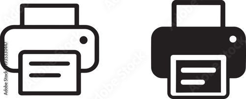 Document desktop printer flat black silhouette and outline icon isolated on white background.