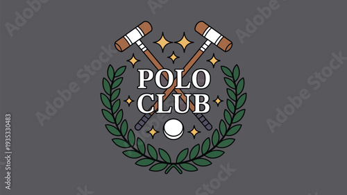 Elegant polo club emblem, refined logo combining mallets, polo ball, and decorative laurel wreath for premium sports team branding, merchandise, and exclusive event materials.