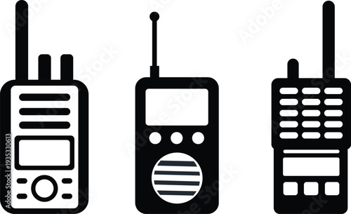 Handheld walkie talkie silhouette icons two way radio communication devices vector illustration isolated on white