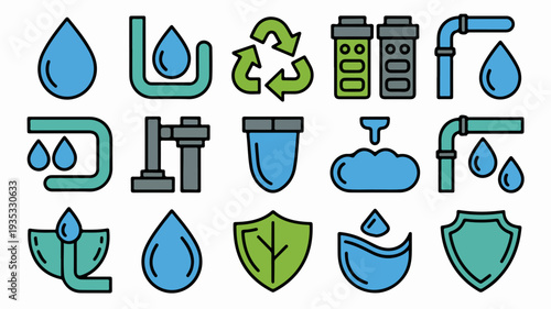 Water conservation icons set eco friendly symbols for sustainable living and environmental protection
