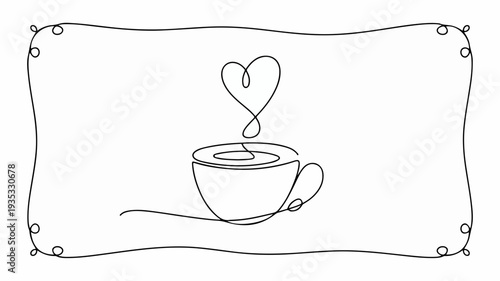 A minimalist line art illustration of a steaming cup of coffee with a heart shaped steam rising on a saucer with a decorative border