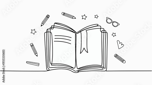 Minimalist continuous line drawing of an open book with creative symbols and stationery