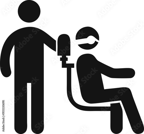 Healthcare professional assisting a patient in a medical examination chair with specialized head equipment