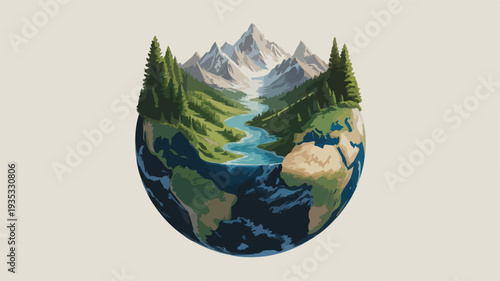 Earth day illustration showcasing a serene landscape with a river mountains and trees on a globe