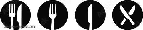 Black cutlery icon set featuring fork and knife symbols in circles for restaurant menu dining cafe food service and kitchen.