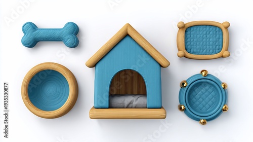 Cartoon-style set of pet accessories, featuring a house, bowls, bed, and bone on white