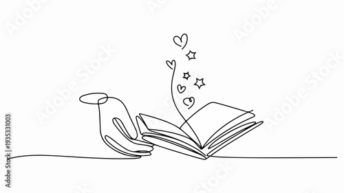 Minimalist one line drawing of a hand holding an open book with hearts and stars emerging