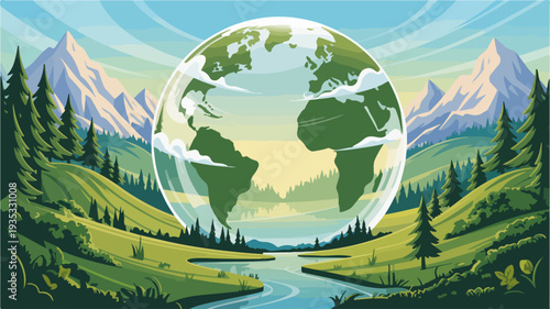Planet earth surrounded by serene natural landscape with mountains trees and river symbolizing harmony with nature and environmental conservation