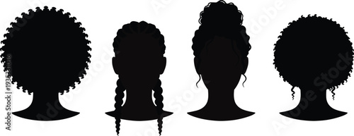 Black female hairstyle silhouette set featuring afro braided bun and curly textures for beauty salon hair care fashion and diversity.