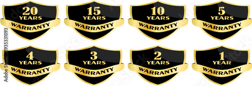 Collection of glossy black and gold shield icons denoting one to twenty years warranty