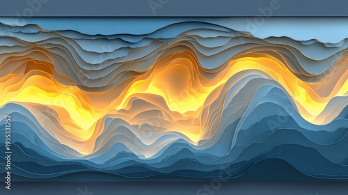 Abstract layered art displaying fluid forms, using gradients of orange and blue