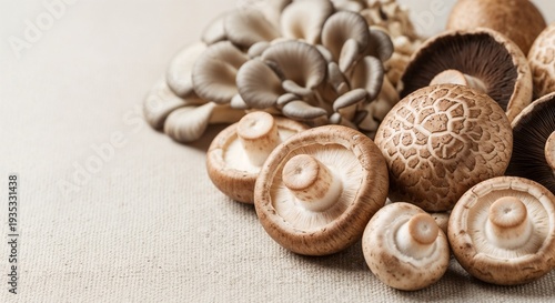 Assortment of fresh edible mushrooms including oyster and shiitake on light fabric