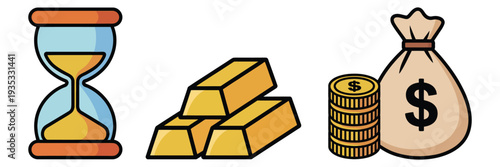 Financial wealth and time management icons, vector illustrations featuring hourglass, gold bars, money bag, and stacks of gold dollar coins for business, finance, and investment graphics.