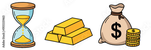Financial wealth and time management icons, vector illustrations featuring hourglass, gold bars, money bag, and stacks of gold dollar coins for business, finance, and investment graphics.