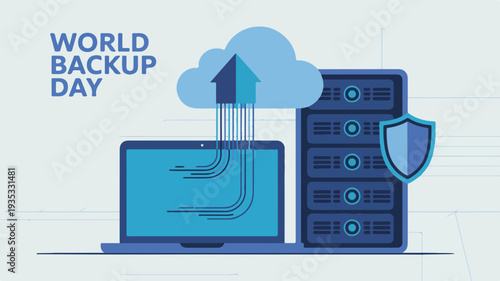 World backup day illustration with laptop cloud storage and server symbolizing data protection and security