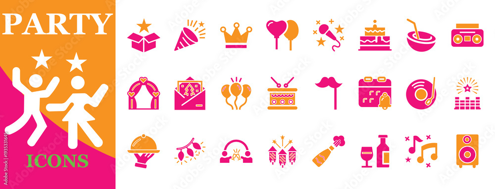 Fototapeta premium Editable 2-Color Party Icon Set: Premium Celebration, Birthday, Wedding, Music and Event Vector Graphics. High-Quality Minimalist Design Elements for Invitations.