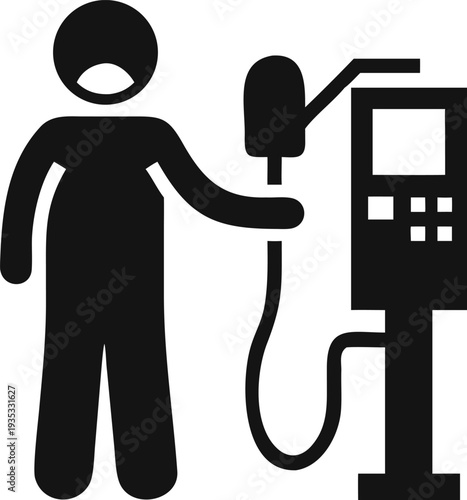 Individual Wearing a Face Mask Interacting with a Modern Fuel Dispenser or Medical Machine