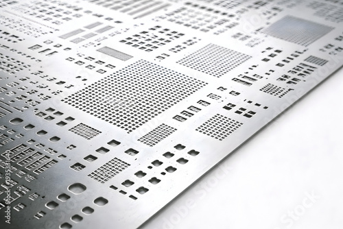 Close Up of Metal PCB Stencil Template with Micro Holes on White Background