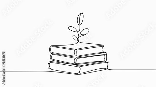 Minimalist line art drawing of stacked books with small plant growing from top book on white background symbolizing growth and learning