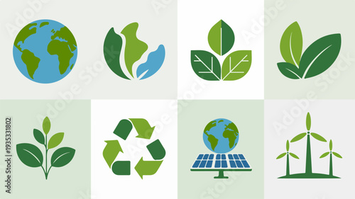 Eco friendly earth icons with green leaves and solar panels on white background for environmental conservation